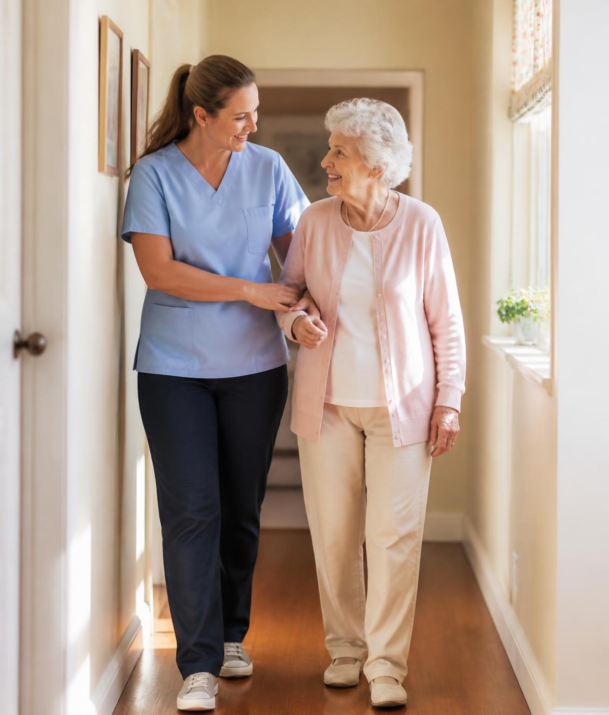A caregiver walking arm in arm with a smiling elderly resident down a sunny hallway