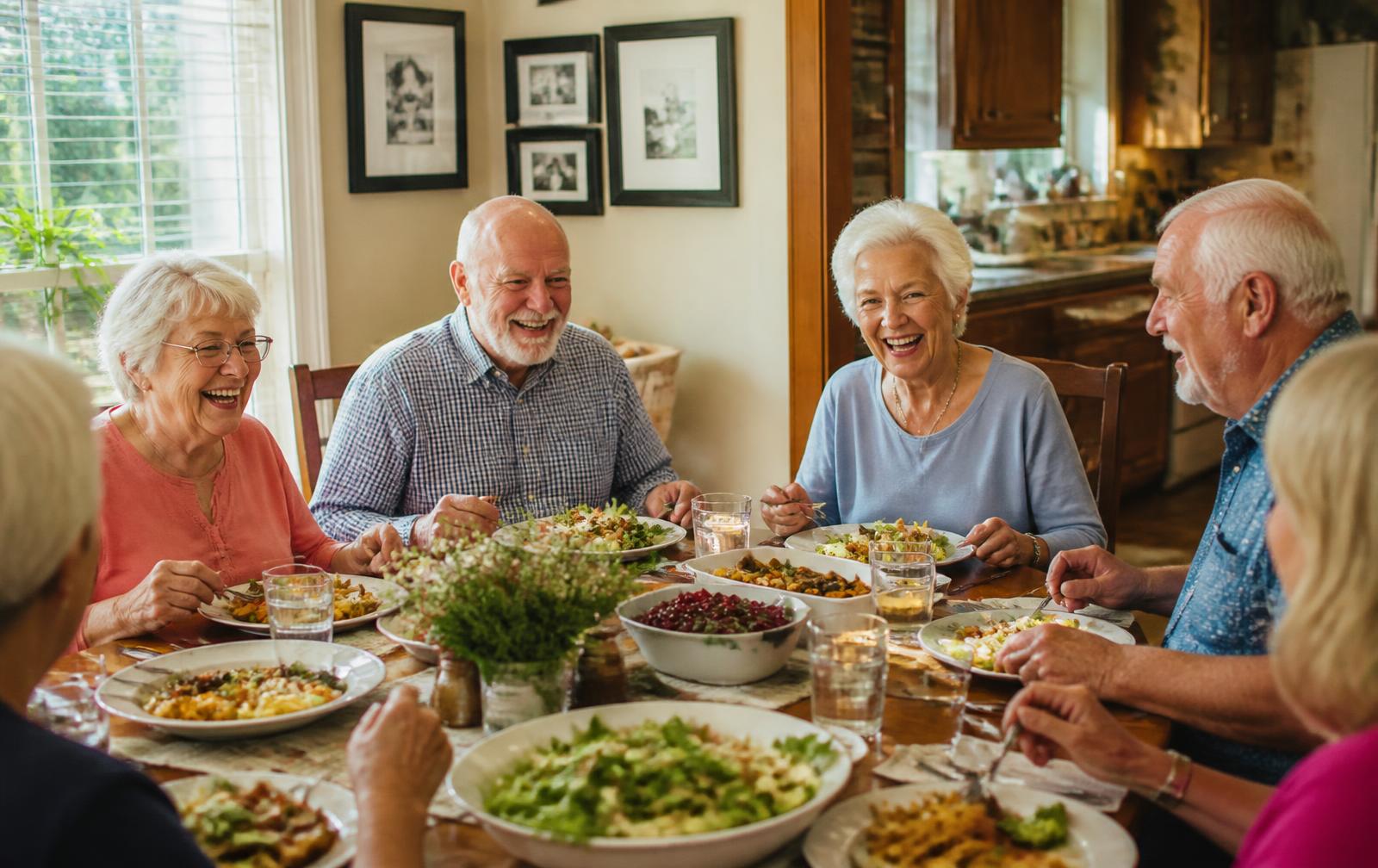 Residents sharing a home-cooked meal around the dining table