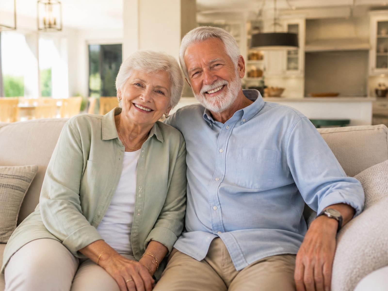 Smiling senior couple relaxing together in the bright living room of Sunlight Living