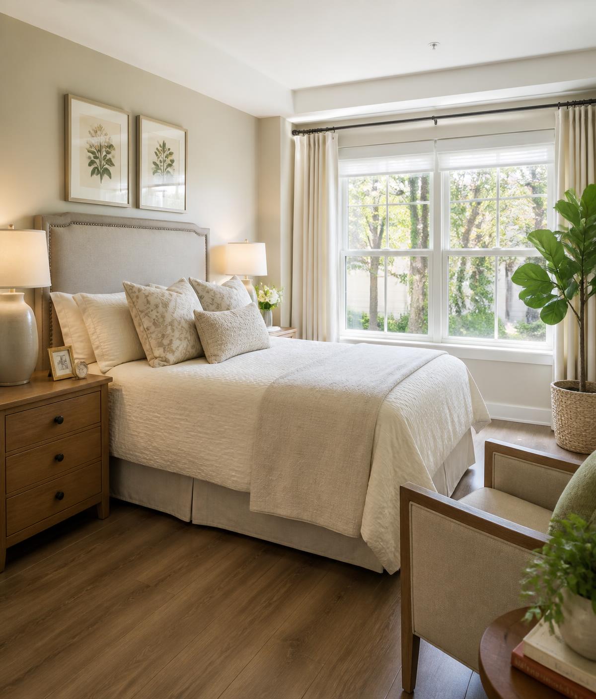 A private bedroom at Sunlight Living with cream linens and a large sunny window